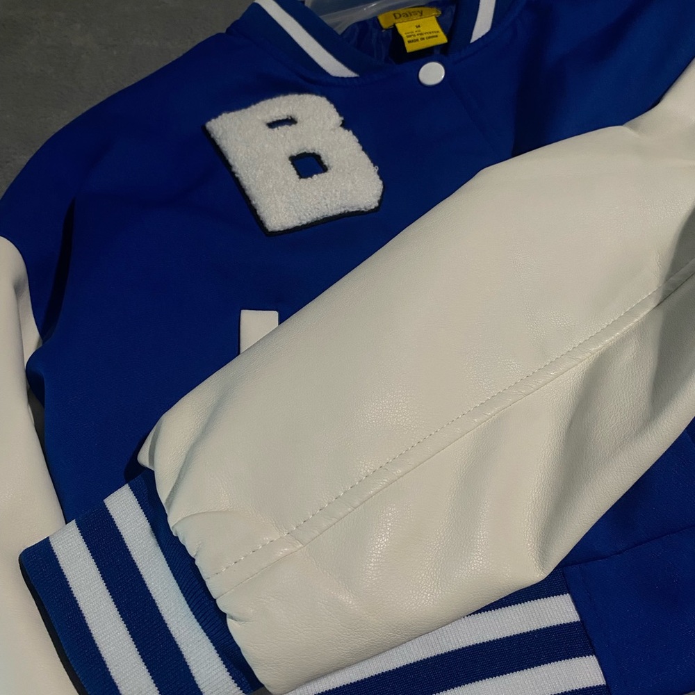 Blue and White Varsity Jacket with Letter Patch